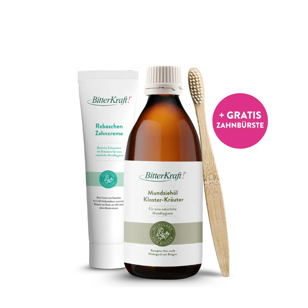 Mundhygiene mit Mundziehöl, Zahncreme und Bambus-Zahnbürste