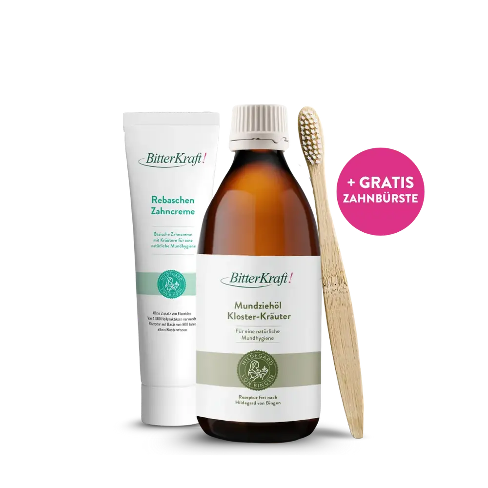 Mundhygiene mit Mundziehöl, Zahncreme und Bambus-Zahnbürste