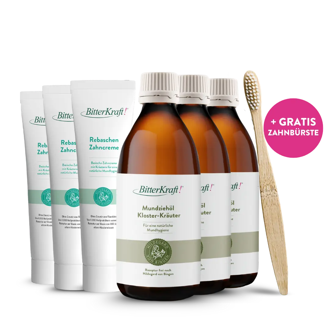 Mundhygiene mit Mundziehöl, Zahncreme und Bambus-Zahnbürste